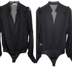 Mable Sheer Black Dotted Swiss Bodysuit Covered Buttons Ruffles Size S
